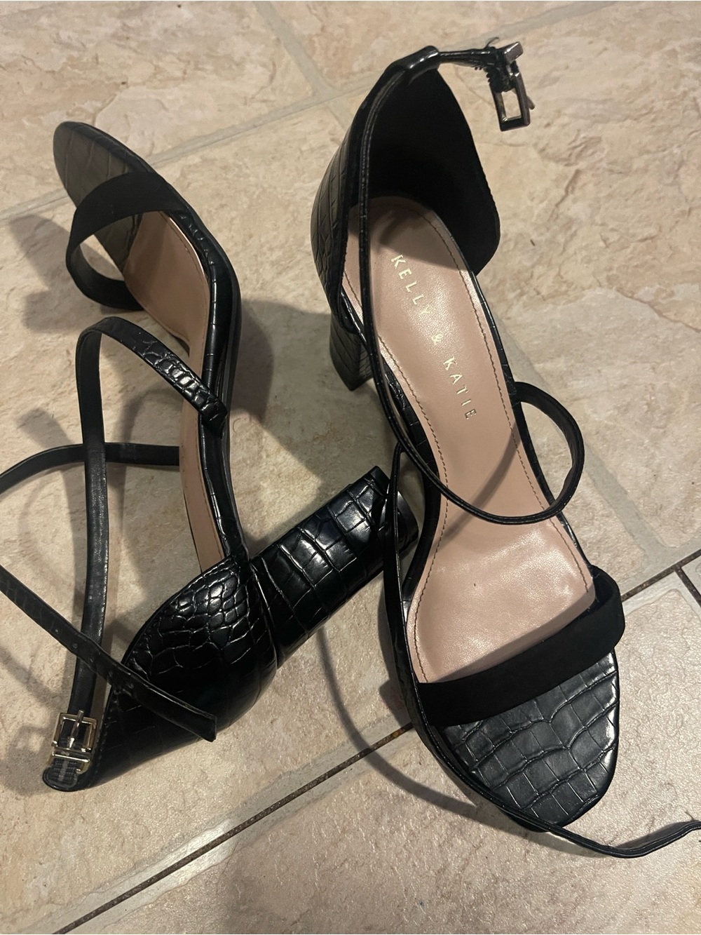 Kelly & Katie Black Croc-Embossed Ankle Strap Block Heels